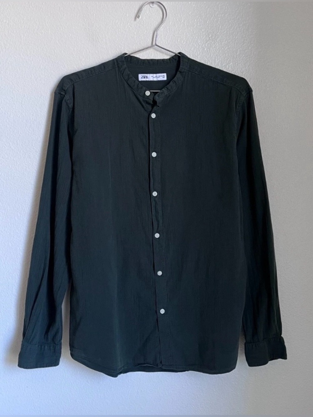Zara Casual Button Down Long Sleeve Cotton Shirt Dark Forrest Green Men’s Sz L